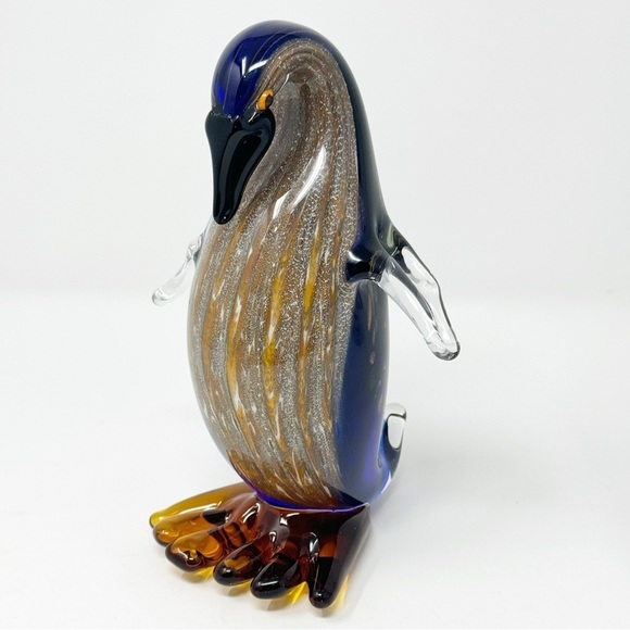 Vintage Art Glass Penguin, Cobalt Blue Gold Striped Handblown - Picture 3 of 12